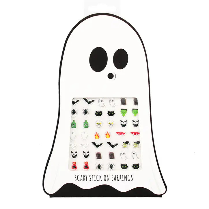 Geisterförmige Verpackung mit 30 Paar bunten Halloween-Klebeohrringen mit Geistern, Totenköpfen und Fledermäusen.