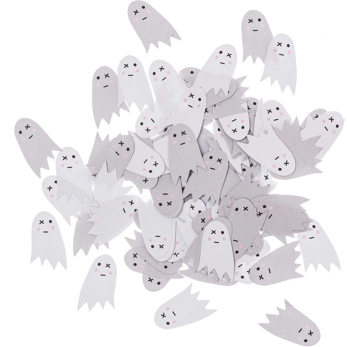 Weiße Papiergespenster mit schwarzen Gesichtern und kleinen rosa Details als Halloween-Konfetti.