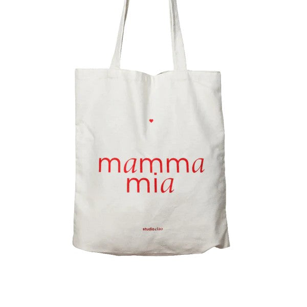 Naturfarbener Jutebeutel mit rotem Schriftzug "Mamma Mia" und langen Henkeln, Design von Studio Ciao