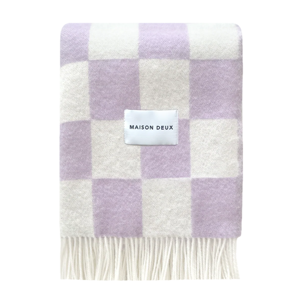 Wolldecke Checkerboard Blanket XL in der Farbe Lila und Weiß von Maison Deux bei Frau Rabe im Concept Store Die Halle