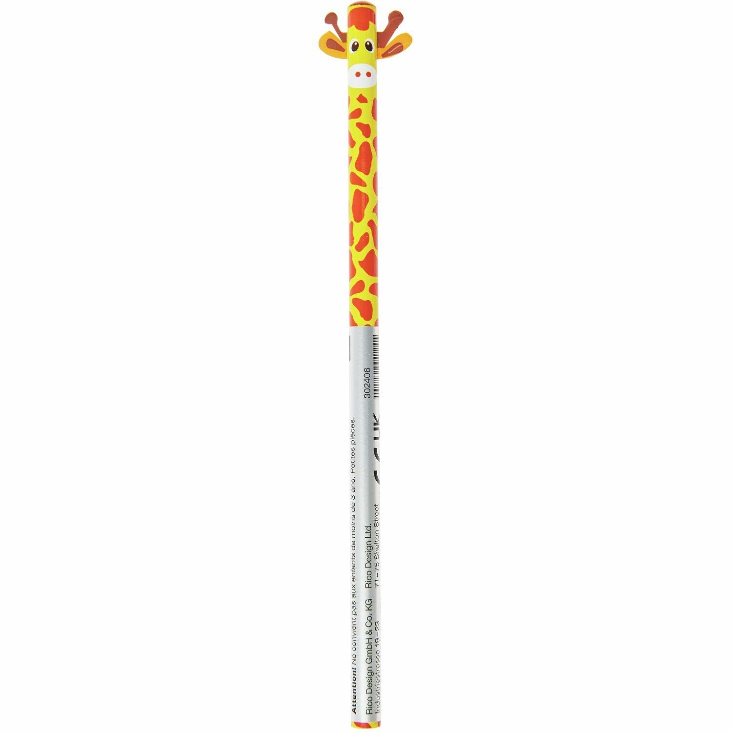 Gelb-oranger Giraffe-Bleistift von Rico Design mit Giraffenmuster und 3D-Giraffenkopf am oberen Ende, Seitenansicht