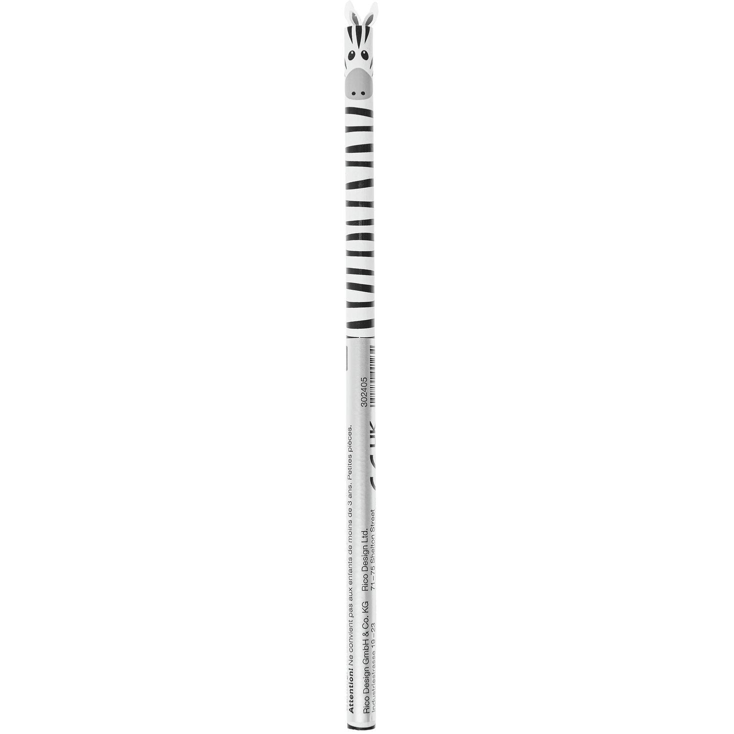 Weißer Zebra-Bleistift von Rico Design mit schwarzen Streifen und 3D-Zebrakopf am oberen Ende, Seitenansicht
