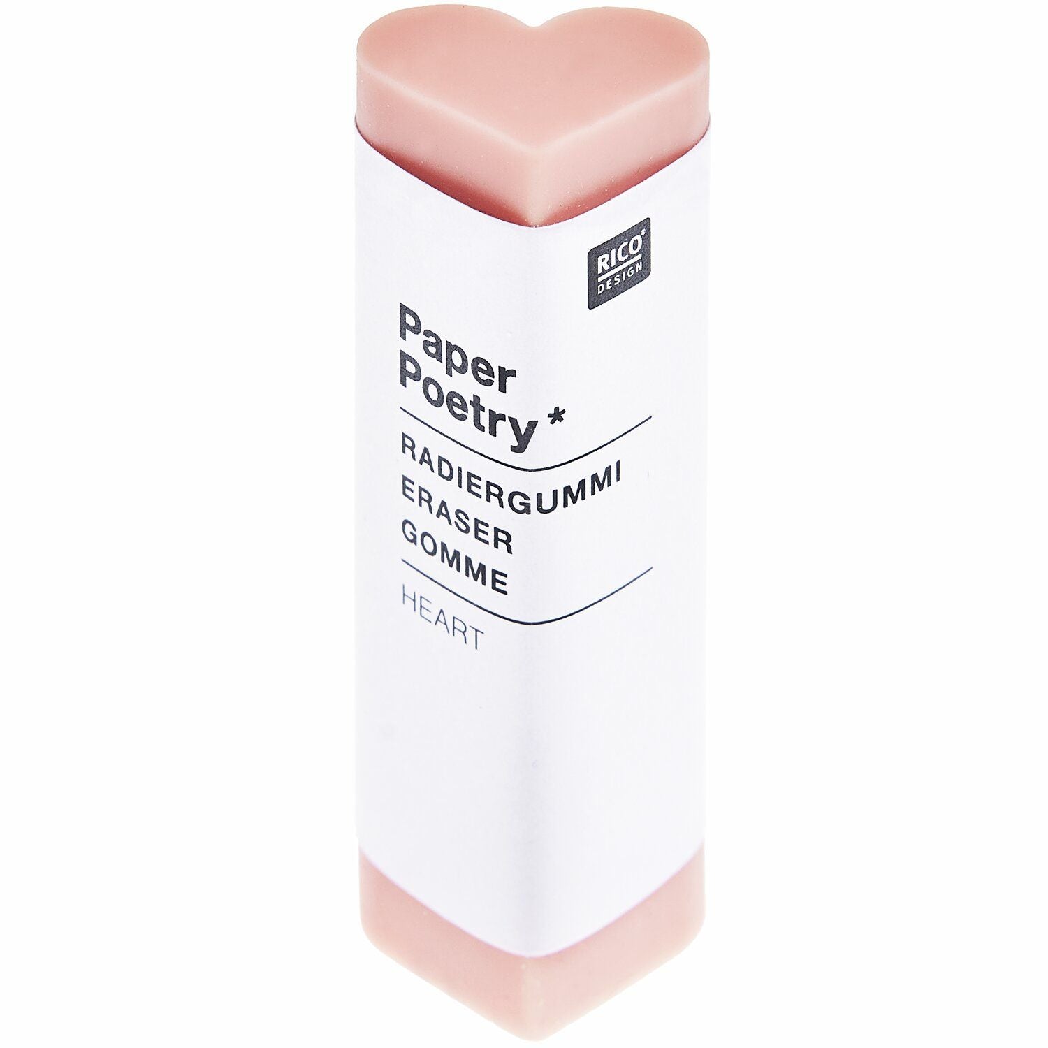 Paper Poetry 3D-Radiergummi Herz in Rosa mit Originalverpackung - Aufdruck „Radiergummi / Eraser / Gomme / Heart"