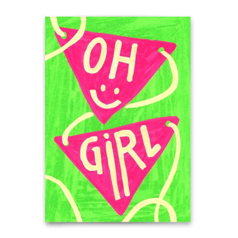 Postkarte "Oh Girl" mit pinkem Wimpel-Design auf grünem Hintergrund und handgeschriebenem Schriftzug