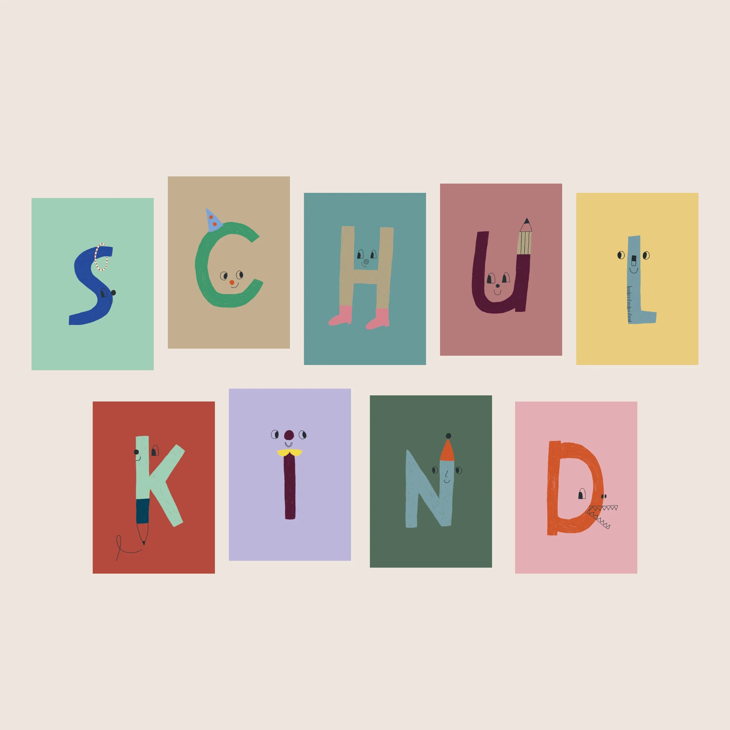 Postkarten Set |  Schulkind Girlande 9 Karten